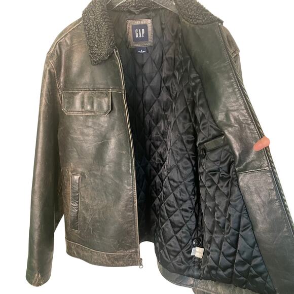 Vintage GAP Men's Distressed Black Leather Aviator Jacket Sherpa Collar Size L - Picture 6 of 13